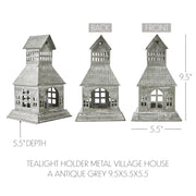Tealight Holder Metal Village House A Antique Grey 9.5x5.5x5.5