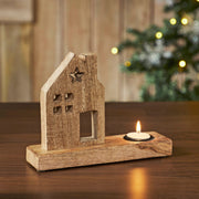 Tealight Holder Wooden Saltbox House w/ Star Natural 9x6.75x2.5