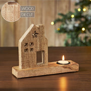 Tealight Holder Wooden Saltbox House w/ Star Natural 9x6.75x2.5