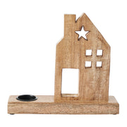 Tealight Holder Wooden Saltbox House w/ Star Natural 10.25x9x2.5