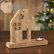Tealight Holder Wooden Saltbox House w/ Star Natural 10.25x9x2.5