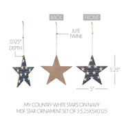 My Country White Stars On Navy Star Ornament 5.25x5x0.125 Set of 3