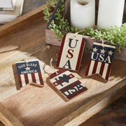 My Country USA RWB Ornament w/ Twine Set of 4 4x2.5x0.25