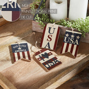 My Country USA RWB Ornament w/ Twine Set of 4 4x2.5x0.25