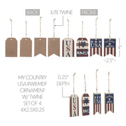 My Country USA RWB Ornament w/ Twine Set of 4 4x2.5x0.25