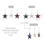 Painted Metal RWB Stars Ornament Set of 3 Colors 6x6x1