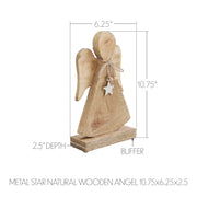 Metal Star Natural Wooden Angel 10.75x6.25x2.5