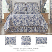 Dorset Navy Floral Twin Quilt 68Wx86L 5pc Bundle (Quilt, Pillow Cases, Sham, Euro Sham)