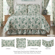 Dorset Green Floral King Quilt 105Wx95L 8pc Bundle (Quilt, Bed Skirt, Pillow Cases, Shams, Euro Shams)