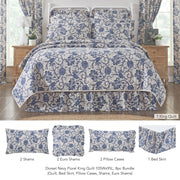 Dorset Navy Floral King Quilt 105Wx95L 8pc Bundle (Quilt, Bed Skirt, Pillow Cases, Shams, Euro Shams)