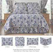 Dorset Navy Floral Queen Quilt 90Wx90L 8pc Bundle (Quilt, Bed Skirt, Pillow Cases, Shams, Euro Shams)
