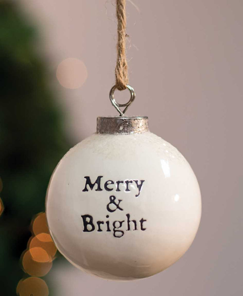 Merry and Bright White Enamel Ornament