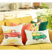 Set of Two 12" X 20" Green and White Pumpkin Truck Lumbar Throw Pillow Cover