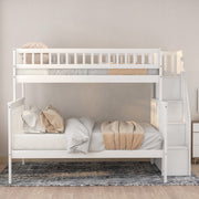 White Twin Over Full Farmhouse Style Bunk Bed with Staircase