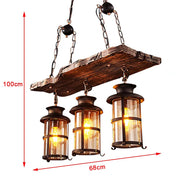 Rustic Wood and Metal Three Light Hanging Lantern Chandelier