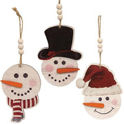 Weathered Wood Look Beaded Snowman with Hat Ornament  (3 Count Assortment)