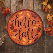 Hello Fall Autumn Leaves Round Wooden Hanging Tray