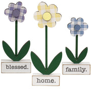 Home - Blessed - Family Gingham Check Daisies on Base (Set of 3)