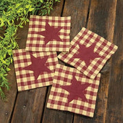 Burgundy & Tan Check Star Applique Square Coasters (Set of 4)