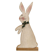 Distressed Standing Wooden Bunny with Green & White Scarf on Base