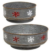 Galvanized Round Red & White Snowflake Trays (Set of 2)