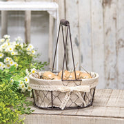 Fabric Lined Chicken Wire Oval Basket with Lace Bow & Handle