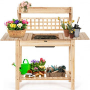 Garden Potting Bench Workstation Table with Sliding Tabletop Sink Shelves - Color: Natural