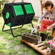 Dual Chamber Garden Compost Tumbler with Sliding Doors-Black & Green