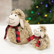 Plush Furry Sheep with Red & Black Plaid Scarf - Small