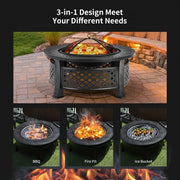 Outdoor Fire Pit with BBQ Grill and High-temp Resistance Finish - Color: Black