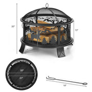 26 Inches Outdoor Fire Pit with Spark Screen and Poker - Color: Black