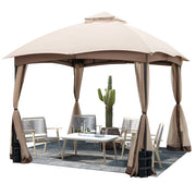 10 X 10 Feet Patio Double-Vent Gazebo with Privacy Netting and 4 Sandbags-Khaki - Color: Khaki