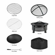 Rustic Steel Outdoor Fire Pit with BBQ Grill with Poker and Mesh Cover