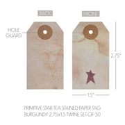 Primitive Star Tea Stained Paper Tag Burgundy 2.75x1.5 w/ Twine Set of 50