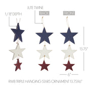 RWB Triple Hanging Stars Ornament 13.75x6