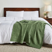 Waffle Weave Olive Green Throw Blanket 50x60 - Boho Farmhouse Cotton Decor for Bed, Couch & Sofa