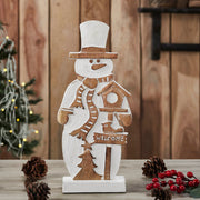 Snowman With Welcome Sign Carved Wooden Figurine 16x7x2.25