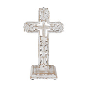Distressed White Ornate Wooden Cross w/ Base 13x7.5x5