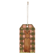 Bunny Hop Bunny on Moss Green Check Tag Ornament w/ Twine 5.6x3x0.5