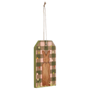 Bunny Hop Bunny on Moss Green Check Tag Ornament w/ Twine 5.6x3x0.5
