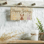 Bunny Hop Happy Spring 3 Bunnies In Check Wall Sign w/ Twine 5x9x0.75