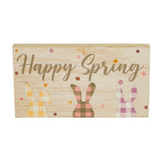 Bunny Hop Happy Spring 3 Bunnies In Check Wall Sign w/ Twine 5x9x0.75