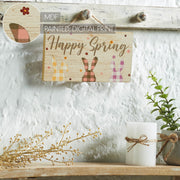Bunny Hop Happy Spring 3 Bunnies In Check Wall Sign w/ Twine 5x9x0.75