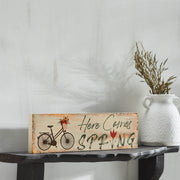 Spring In Bloom Here Comes Spring w/ Bicycle & Tulip Wall Sign 4x14x0.75