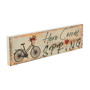 Spring In Bloom Here Comes Spring w/ Bicycle & Tulip Wall Sign 4x14x0.75