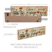Spring In Bloom Here Comes Spring w/ Bicycle & Tulip Wall Sign 4x14x0.75