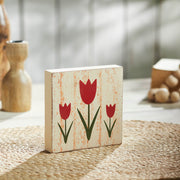 Spring In Bloom Red Tulips Distressed Antique White Block Sign 5x5x1