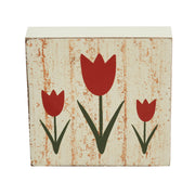 Spring In Bloom Red Tulips Distressed Antique White Block Sign 5x5x1