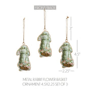Bunny Hop Metal Rabbit w/ Flower Basket Ornament Set of 3 4.5x2.25
