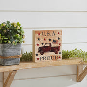 My Country USA Proud Red Truck w/ Red & Blue Stars Block Sign 6x6x1